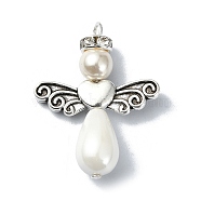 Shell Pearl Pendants with Tibetan Style Alloy Wings, Angel Charms, Antique Silver, 30x23.5x8mm, Hole: 2.8mm(PALLOY-TA00102)