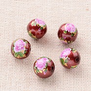 Flower Picture Printed Glass Round Beads, Red, 10mm, Hole: 1mm(GLAA-J088-10mm-B08)