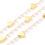 3.28 Feet Handmade CCB Plastic Imitation Pearl Beaded Chains, with Brass Triangle Beads, Soldered, Long-Lasting Plated, Round, Golden, Round Beads: 3mm, triangle Beads: 7x7.5x3mm(X-CHC-I038-22G)