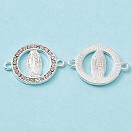 Religion Alloy Connector Charms, with Crystal Rhinestone, Flat Round Links with Virgin Pattern, Silver, 18x24x2mm, Hole: 1.8mm(X1-FIND-A024-01S)