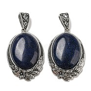 Natural Lapis Lazuli Big Pendants, Antique Silver Plated Alloy Oval Charms with Flower, 59x40x12mm, Hole: 17x6.5mm(G-Z050-04A)