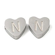 Tarnish Resistant 304 Stainless Steel Beads, Heart with Letter, Stainless Steel Color, Letter N, 7x8x3mm, Hole: 2mm(STAS-H219-16P-N)