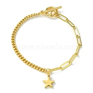 Golden Brass Charm Bracelets, with Paperclip & Curb Chains, Star, 7-1/2 inch(19cm)(BJEW-JB10021-01)