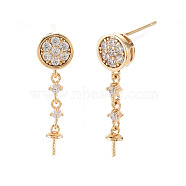 Flat Round Shape Brass Micro Pave Clear Cubic Zirconia Earring Findings, for Half Drilled Beads, Nickel Free, Real 18K Gold Plated, 24.5x7mm, Pin: 0.7mm, Pin: 0.7mm(for half drilled beads)(KK-S356-437-NF)