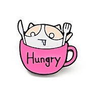 Coffee Cup Cat Enamel Pin, Word Hungry Alloy Badge for Backpack Clothes, Electrophoresis Black, Fuchsia, 23x26x2mm(JEWB-H009-01EB-08)