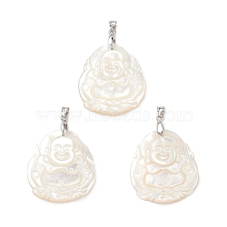 Natural White Shell Pendants, Buddha Charms, with Brass Snap on Bails, Cadmium Free & Lead Free, Platinum, 31x27.5x5mm, Hole: 5x3.5mm(BSHE-E029-05P)