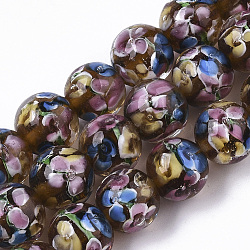 Handmade Lampwork Beads Strands, Inner Flower, Round, Chocolate, 11.5~12.5x10.5~11.5mm, Hole: 1.4mm, about 45pcs/Strand, 19.69 inch~20.08 inch(LAMP-T007-04C)