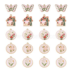 20Pcs 5 Style Rack Plating Alloy Enamel Pendants, Cadmium Free & Nickel Free & Lead Free, Light Gold, Butterfly with Tulip & House, Mixed Color, 28x25x1.5mm, Hole: 1.8mm(ENAM-YS0001-09)