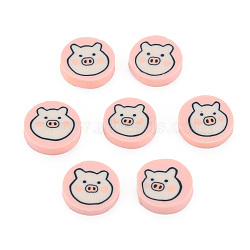 Handmade Polymer Clay Cabochons, Flat Round with Pig, Misty Rose, 9~9.5x2mm, about 5000pcs/1000g(CLAY-N006-119)