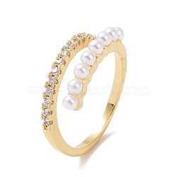 Clear Cubic Zirconia Open Cuff Ring with Acrylic Pearl Beaded, Brass Jewelry for Women, Cadmium Free & Lead Free, Real 18K Gold Plated, US Size 6 1/2(16.9mm)(RJEW-P032-15G)