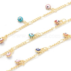 Golden Brass Figaro Chain, with Enamel Charms,Long-Lasting Plated, with Spool, Soldered, Colorful, 6.5x4x3mm, 32.8 Feet(10m)/roll(CHC-H103-10A-G)