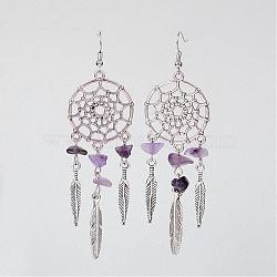 Natural Amethyst Dangle Earrings, with Metal Findings, Woven Net/Web with Feather Earrings, 95mm, Pin, 0.6mm(EJEW-JE02104-03)