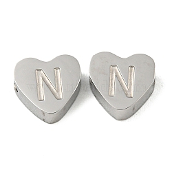 Tarnish Resistant 304 Stainless Steel Beads, Heart with Letter, Stainless Steel Color, Letter N, 7x8x3mm, Hole: 2mm(STAS-H219-16P-N)