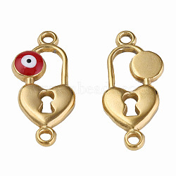 304 Stainless Steel Enamel Connector Charms, Golden, Heart-Shaped Lock with Evil Eye, Dark Red, 23x11x3mm, Hole: 1.5mm(STAS-N087-65-01G)
