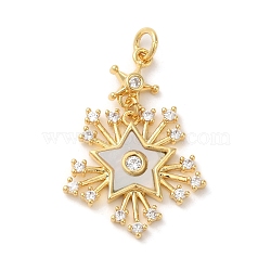 Rack Plating Brass Micro Pave Cubic Zirconia Pendants, with Shell and Jump Ring, Lead Free & Cadmium Free, Snowflake, Real 18K Gold Plated, 31x21x3mm, Hole: 3mm(KK-A190-07G)