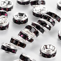 Brass Grade A Rhinestone Spacer Beads, Silver Metal Color, Nickel Free, Amethyst, 7x3.2mm, Hole: 1.2mm(RSB037NF-17)