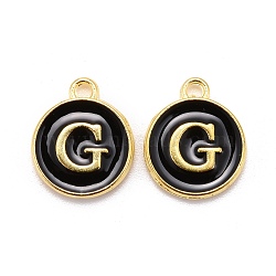 Golden Plated Alloy Charms, Cadmium Free & Lead Free, with Enamel, Enamelled Sequins, Flat Round with Letter, Black, Letter.G, 14x12x2mm, Hole: 1.5mm(X-ENAM-S118-02G)