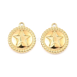 304 Stainless Steel Pendants, Flat Round with Star Charm, Real 18K Gold Plated, 17.5x15x3.5mm, Hole: 1.6mm(STAS-A089-30G)