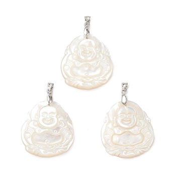 Natural White Shell Pendants, Buddha Charms, with Brass Snap on Bails, Cadmium Free & Lead Free, Platinum, 31x27.5x5mm, Hole: 5x3.5mm