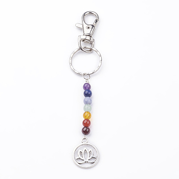 Tibetan Style Alloy Keychain, with Natural Gemstone Beads, Iron Key Rings and Alloy Swivel Lobster Claw Clasps, Flat Round with Lotus, Mixed Color, 135mm