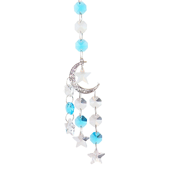 Alloy Big Pendant Decorations, Moon Hanging Sun Catchers, K9 Crystal Glass, with Iron Findings, for Garden, Wedding, Lighting Ornament, Pale Turquoise, 440~450mm