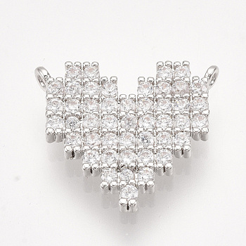 Brass Micro Pave Cubic Zirconia Pendants, Heart, Clear, Platinum, 14.5x16.5x2mm, Hole: 1mm