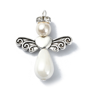 Shell Pearl Pendants with Tibetan Style Alloy Wings, Angel Charms, Antique Silver, 30x23.5x8mm, Hole: 2.8mm