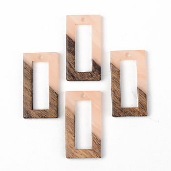 Opaque Resin & Walnut Wood Pendants, Rectangle, Light Salmon, 28x15x3mm, Hole: 2mm