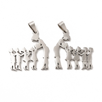 Mother's Day/Teachers' Day 201 Stainless Steel Pendants, Mother with Son & Daughter/Teacher with Students Charms, Stainless Steel Color, 26.5x25.5x1.4mm, Hole: 6.5x3.3mm