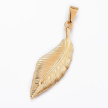 304 Stainless Steel Big Pendants, Feather, Golden, 50.5x16.5x1mm, Hole: 9x5mm