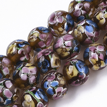 Handmade Lampwork Beads Strands, Inner Flower, Round, Chocolate, 11.5~12.5x10.5~11.5mm, Hole: 1.4mm, about 45pcs/Strand, 19.69 inch~20.08 inch