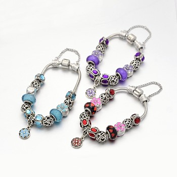 Flower Alloy Rhinestone Enamel European Beaded Bracelets, with Resin European Beads, Brass Chains and Alloy Clasps, Mixed Color, 180mm
