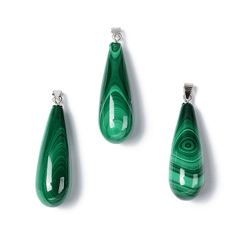 Natural Malachite Pendants, Teardrop Charms, with Silver Plated 925 Sterling Snap on Bails, 32x10mm, Hole: 2.5x3.3mm