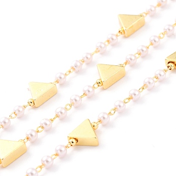 3.28 Feet Handmade CCB Plastic Imitation Pearl Beaded Chains, with Brass Triangle Beads, Soldered, Long-Lasting Plated, Round, Golden, Round Beads: 3mm, triangle Beads: 7x7.5x3mm