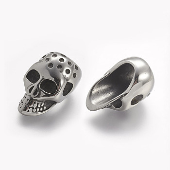 304 Stainless Steel Beads, Skull, Large Hole Beads, Antique Silver, 23x14x15mm, Hole: 8mm