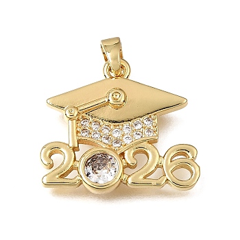 Brass Micro Pave Clear Cubic Zirconia Pendants, Mortarboard with Number 2026 Charms, Rack Plating, Long-Lasting Plated, Cadmium Free & Lead Free, Golden, 18x20.5x3mm, Hole: 5x2mm