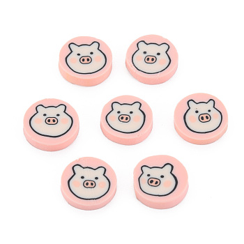 Handmade Polymer Clay Cabochons, Flat Round with Pig, Misty Rose, 9~9.5x2mm, about 5000pcs/1000g