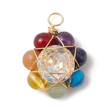 7 Chakra Gemstone Flower Pendants, Golden Plated Copper Wire Wrapped Glass Charms, Mixed Dyed and Undyed, 19x13.5x6mm, Hole: 2.5mm