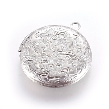 304 Stainless Steel Locket Pendants, Flat Round with Flower, Stainless Steel Color, 31x27.5x5.5mm, Hole: 2mm