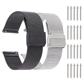 2 Sets 2 Colors 304 Stainless Steel Mesh Chains Quick Release Watch Bands, with 303 Stainless Steel Quick Release Spring Bar Pins, Mixed Color, 13~18.5x2.5x0.15~0.6cm, 1 Set/color
