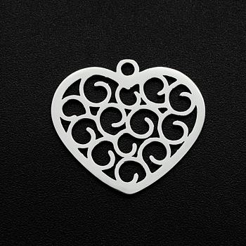 201 Stainless Steel Pendants, Laser Cut, Hollow, Heart, Stainless Steel Color, 18x20x1mm, Hole: 1.6mm