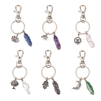 6Pcs 6 Style Natural & Synthetic Gemstone Copper Wire Wrapped Keychains, with Iron Split Key Rings, with Alloy Pendants, Mix-shaped, 10~10.5cm, 1pc/style