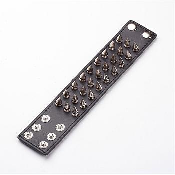 Punk Rock Style Cowhide Leather Rivet Bracelets, with Alloy & Iron Findings, Black, 220x42x2mm(8-5/8 inchx1-3/4 inch)