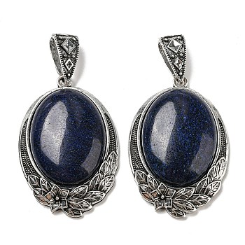 Natural Lapis Lazuli Big Pendants, Antique Silver Plated Alloy Oval Charms with Flower, 59x40x12mm, Hole: 17x6.5mm