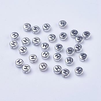 Silver Color Plated Acrylic Horizontal Hole Letter Beads, Flat Round, Letter.H, 7x3.5mm, Hole: 1mm, about 360pcs/50g