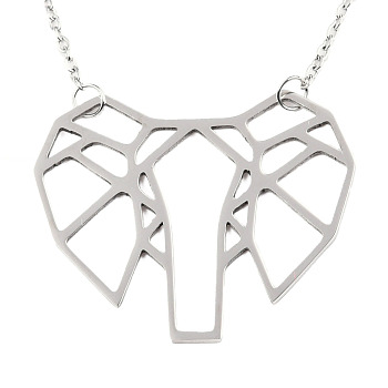 201 Stainless Steel Origami Pendant Necklaces, with Cable Chains, Elephant, Stainless Steel Color, 17.5 inch(44.5cm), 2mm, Elephant: 29.5x36x1mm