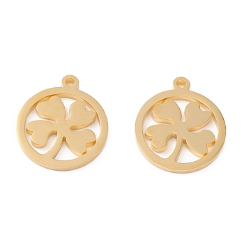 201 Stainless Steel Pendants, Manual Polishing, Ring with Clover Vacuum Plating , Real 18K Gold Plated, 17x16x1.5mm, Hole: 1.2mm