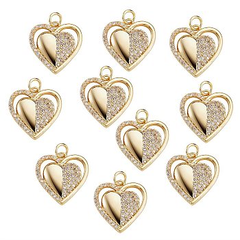 10Pcs Brass Micro Pave Cubic Zirconia Pendants, with Jump Rings, Golden, Heart, Clear, 19x18x4mm, Jump Ring: 5x1mm, 3mm inner diameter