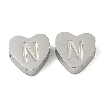 Tarnish Resistant 304 Stainless Steel Beads, Heart with Letter, Stainless Steel Color, Letter N, 7x8x3mm, Hole: 2mm