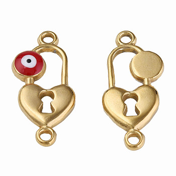 304 Stainless Steel Enamel Connector Charms, Golden, Heart-Shaped Lock with Evil Eye, Dark Red, 23x11x3mm, Hole: 1.5mm